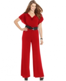Hustle onto the jumpsuit trend with AGB's flutter sleeve plus size style, featuring a belted waist. Hustle onto the jumpsuit trend with AGB's flutter sleeve plus size style, featuring a belted waist.