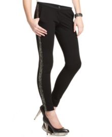 Jessica Simpson gives this season's must-have tuxedo-stripe skinny pants a festive upgrade with the inclusion of shimmery sequins! Jessica Simpson gives this season's must-have tuxedo-stripe skinny pants a festive upgrade with the inclusion of shimmery sequins!