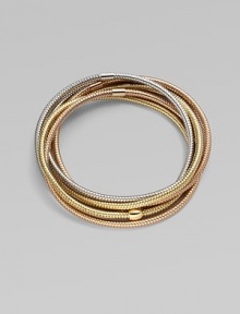 A versatile style with a stack of snake chain bracelets in three gorgeous tones of gold. 18k gold, white gold and rose goldLength, about 7Slip-on styleMade in Italy A versatile style with a stack of snake chain bracelets in three gorgeous tones of gold. 18k gold, white gold and rose goldLength, about 7Slip-on styleMade in Italy