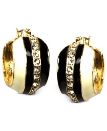 Black and white and gorgeous all over, these hoop earrings from Anne Klein sparkle with glass accents. Crafted in gold tone mixed metal. Approximate diameter: 3/4 inch. Black and white and gorgeous all over, these hoop earrings from Anne Klein sparkle with glass accents. Crafted in gold tone mixed metal. Approximate diameter: 3/4 inch.