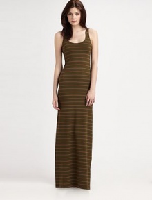 Slim-fit look with a straight narrow shape, refreshed with cool stripes for chic warm-weather style.Scoop neckline Sleeveless Racerback About 58 from shoulder to hem 90% rayon/10% spandex Dry clean Made in USA Slim-fit look with a straight narrow shape, refreshed with cool stripes for chic warm-weather style.Scoop neckline Sleeveless Racerback About 58 from shoulder to hem 90% rayon/10% spandex Dry clean Made in USA