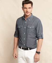 How do you do your denim? This shirt from Tommy Hilfiger–part of the exclusive Indigo Collection–is a hip take on classic jean styling with denim-like fabric. How do you do your denim? This shirt from Tommy Hilfiger–part of the exclusive Indigo Collection–is a hip take on classic jean styling with denim-like fabric.