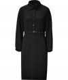 With its clean lines and sophisticated styling, Veronique Leroys black shirtdress counts as an everyday essential, tailored to all-season sophistication - Pointed collar, long sleeves, buttoned cuffs, partial button-down front, belted waistline, back belt loop, softly fitted silhouette - Pair with heels and a streamlined carryall tote