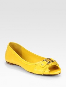 Smooth and vibrant, this leather classic has a logoed goldtone buckle and unexpected peep toe. Leather upperLeather lining and solePadded insoleImportedOUR FIT MODEL RECOMMENDS ordering true size. Smooth and vibrant, this leather classic has a logoed goldtone buckle and unexpected peep toe. Leather upperLeather lining and solePadded insoleImportedOUR FIT MODEL RECOMMENDS ordering true size.
