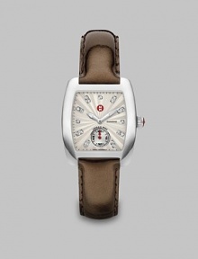 From the Urban Collection. A brilliant diamond accented design with a beautiful textured dial on a glossy patent leather strap. Swiss quartz movementWater resistant to 5 ATMRectangular stainless steel case, 29mm (1.1) X 35mm (1.4)Smooth bezelTextured enamel dialDiamond accented markers, .09 tcwSecond hand sub-dialBrown patent leather strap, 16mm (.6)Imported