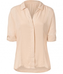 Casual yet chic, this modernized button down from James Perse is a workweek essential - Spread collar, short sleeves with rolled cuffs, concealed front button placket, seaming details, gathering at back yoke, slim silhouette - Pair with cropped trousers, skinny jeans, or a pencil skirt Casual yet chic, this modernized button down from James Perse is a workweek essential - Spread collar, short sleeves with rolled cuffs, concealed front button placket, seaming details, gathering at back yoke, slim silhouette - Pair with cropped trousers, skinny jeans, or a pencil skirt