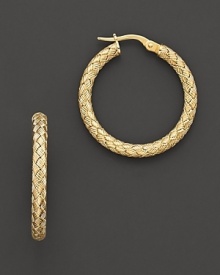 Large woven gold hoop earrings; with signature ruby accent. Post back for pierced ears. Designed by Roberto Coin. Large woven gold hoop earrings; with signature ruby accent. Post back for pierced ears. Designed by Roberto Coin.