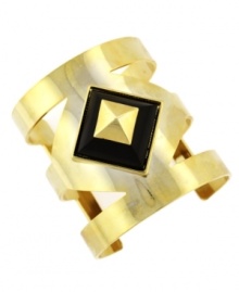 Incorporate the latest color blocking trend into your jewelry collection. Vince Camuto's standout cuff bracelet features a wide gold-plated mixed metal design with a chic cut-out pattern and a black enamel studded square center. Approximate diameter: 3 inches. Incorporate the latest color blocking trend into your jewelry collection. Vince Camuto's standout cuff bracelet features a wide gold-plated mixed metal design with a chic cut-out pattern and a black enamel studded square center. Approximate diameter: 3 inches.