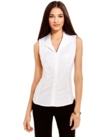 Perfect with a blazer or all on its own, a sleeveless blouse from Alfani is tailored with ruched knit panels for a chic update on a classic. Perfect with a blazer or all on its own, a sleeveless blouse from Alfani is tailored with ruched knit panels for a chic update on a classic.
