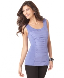 Shutter pleats in contrasting fabric give this Alfani top subtle creative appeal. Pair with everything from a pantsuit to your favorite jeans! Shutter pleats in contrasting fabric give this Alfani top subtle creative appeal. Pair with everything from a pantsuit to your favorite jeans!