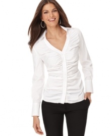 Allover ruching adds feminine flair to this simple yet stylish Alfani blouse -- a versatile wardrobe staple! Allover ruching adds feminine flair to this simple yet stylish Alfani blouse -- a versatile wardrobe staple!