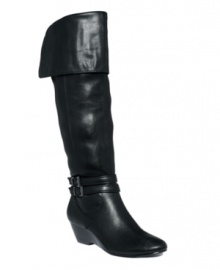 Shiny silver buckle hardware and a foldover top add chic touches to Alfani's traditional tall leather Carrie boots. A low stacked wedge heel makes them both trendy and comfortable. Shiny silver buckle hardware and a foldover top add chic touches to Alfani's traditional tall leather Carrie boots. A low stacked wedge heel makes them both trendy and comfortable.