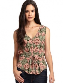 THE LOOKAllover floral printDrawstring tie at waistPleated detail at front hemTHE FITAbout 23 from shoulder to hemTHE MATERIALRayonCARE & ORIGINDry cleanMade in USAModel shown is 5'11 (180cm) wearing US size Small. 