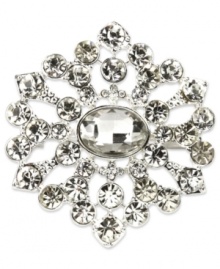 Shimmery florals from Jones New York. This elegant pin is styled in a floral silhouette and is lovingly embellished with glass accents. Crafted in silver tone mixed metal. Approximate length: 2 inches. Includes gift box. Shimmery florals from Jones New York. This elegant pin is styled in a floral silhouette and is lovingly embellished with glass accents. Crafted in silver tone mixed metal. Approximate length: 2 inches. Includes gift box.