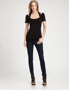 Soft stretch jersey in a figure-flattering scoopneck styled with chic crossback details.Halter straps cross at backScoopneckShort sleevesFittedAbout 27 from shoulder to hem94% rayon/6% spandexDry cleanMade in USAModel shown is 5'9 (175cm) wearing US size Small. Soft stretch jersey in a figure-flattering scoopneck styled with chic crossback details.Halter straps cross at backScoopneckShort sleevesFittedAbout 27 from shoulder to hem94% rayon/6% spandexDry cleanMade in USAModel shown is 5'9 (175cm) wearing US size Small.