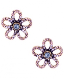 A sweet palette of pastels. Betsey Johnson's petite flower stud earrings feature round-cut purple and pale pink crystals set in antique gold-plated mixed metal. Approximate diameter: 5/8 inch.