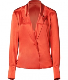 Stylish top in fine, copper silk - Modern blouse cut, slim, straight and comfortably long - With a deep V-neckline and elegant lapels - Long, slim sleeves with decorative cuffs - Brilliant everyday basic, casual, trendy, yet chic - Wear instead of a classic blouse in the office with slim skirts and trousers and for evening with jeans, mini skirts and leather pants Stylish top in fine, copper silk - Modern blouse cut, slim, straight and comfortably long - With a deep V-neckline and elegant lapels - Long, slim sleeves with decorative cuffs - Brilliant everyday basic, casual, trendy, yet chic - Wear instead of a classic blouse in the office with slim skirts and trousers and for evening with jeans, mini skirts and leather pants