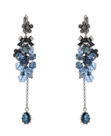 Blue streak. Beautiful blue faceted beads and sparkling crystals are complemented by flower and bow motifs as well as a teardrop-shaped glass accent on Betsey Johnson's striking linear drop earrings. Crafted in hematite tone mixed metal. Approximate drop: 3-3/4 inches. Blue streak. Beautiful blue faceted beads and sparkling crystals are complemented by flower and bow motifs as well as a teardrop-shaped glass accent on Betsey Johnson's striking linear drop earrings. Crafted in hematite tone mixed metal. Approximate drop: 3-3/4 inches.