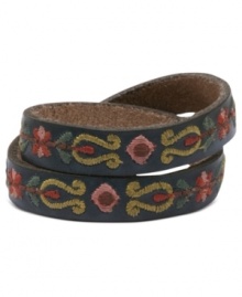 Natural sophistication, by Lucky Brand. This rich leather bracelet features a wrap silhouette, embroidered with colorful stitching. Crafted in blue leather. Approximate length: 16 inches. Natural sophistication, by Lucky Brand. This rich leather bracelet features a wrap silhouette, embroidered with colorful stitching. Crafted in blue leather. Approximate length: 16 inches.