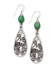 For a look that's perfectly hippie-chic. Lucky Brand's openwork teardrop earrings feature a fancy filigree pattern accented by semi-precious turquoise stones. Crafted in silver tone mixed metal. Approximate drop: 2-4/10 inches. For a look that's perfectly hippie-chic. Lucky Brand's openwork teardrop earrings feature a fancy filigree pattern accented by semi-precious turquoise stones. Crafted in silver tone mixed metal. Approximate drop: 2-4/10 inches.