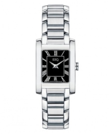 Stylish and bold, this creation from ESQ by Movado grabs attention. Stainless steel bracelet and rectangular case. Black dial features white Roman numerals, two silver-tone hands and logo. Swiss quartz movement. Water resistant to 30 meters. Two-year limited warranty. Stylish and bold, this creation from ESQ by Movado grabs attention. Stainless steel bracelet and rectangular case. Black dial features white Roman numerals, two silver-tone hands and logo. Swiss quartz movement. Water resistant to 30 meters. Two-year limited warranty.