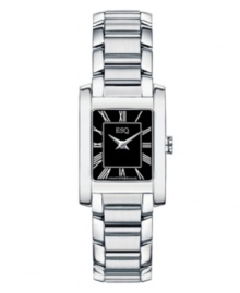 Stylish and bold, this creation from ESQ by Movado grabs attention. Stainless steel bracelet and rectangular case. Black dial features white Roman numerals, two silver-tone hands and logo. Swiss quartz movement. Water resistant to 30 meters. Two-year limited warranty.