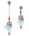 Dance till your dead. Betsey Johnson's eery earring style features sweet skeletons dressed as ballerinas. Crafted from antique gold-plated mixed metal with a blue crystal post, crystal cup chain accent and red belt and blue tutu details. Approximate drops: 2-3/4 inches and 4-1/4 inches.