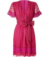 With its ultra feminine styling and bright shades of magenta, Anna Suis printed silk dress is a romantic choice for dressing up day and evening looks alike - V-neckline, sheer short sleeves with lace trim, gathered waist detail with self-tie sash, lace border around the hemline - Softly tailored fit - Wear with bright heels and a form-fitting leather jacket