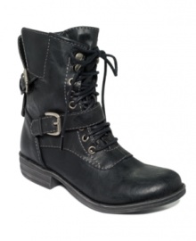 Rugged with buckles on the side. American Rag's Armi booties lace-up, strap-up, and even feature an inside zipper. Rugged with buckles on the side. American Rag's Armi booties lace-up, strap-up, and even feature an inside zipper.