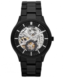 This Ansel watch by Fossil is both clear as day and dark as night. The skeleton dial shows its detailed precision, while the blacked out design adds mysterious cool. This Ansel watch by Fossil is both clear as day and dark as night. The skeleton dial shows its detailed precision, while the blacked out design adds mysterious cool.