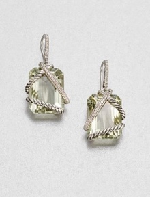 From the Cable Wrap Collection. An pretty, emerald-cut prasiolite stone drop wrapped in sterling silver cables and dazzling diamonds. PrasioliteDiamonds, .24 tcwSterling silverSize, about .62Hook backImported 