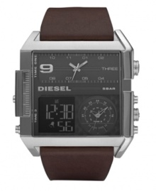 Diesel created the ultimate watch for the man who's always in three places at once. Brown leather strap and square stainless steel case. Gunmetal dial features rectangular analog subdial at top, circular analog subdial at bottom right and negative display digital dial at bottom left. Quartz movement. Water resistant to 50 meters. Two-year limited warranty. Diesel created the ultimate watch for the man who's always in three places at once. Brown leather strap and square stainless steel case. Gunmetal dial features rectangular analog subdial at top, circular analog subdial at bottom right and negative display digital dial at bottom left. Quartz movement. Water resistant to 50 meters. Two-year limited warranty.