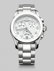 Experience a stylish moment in time with this signature chronograph style, with handsome features including a ceramic bezel, luminous hands and sleek, stainless steel bracelet.Chronograph movementRound bezelWater resistant to 10 ATMDate display at 5 o'clock Second handStainless steel case: 41mm(1.61)Leather braceletMade in Switzerland