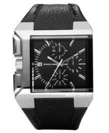 Time for an edgy look. This Diesel watch features a black leather strap ans square stainless steel case. Black matte sunray dial with silvertone applied indices, logo, date window and three subdials. Quartz movement. Water resistant to 50 meters. Two-year limited warranty. Time for an edgy look. This Diesel watch features a black leather strap ans square stainless steel case. Black matte sunray dial with silvertone applied indices, logo, date window and three subdials. Quartz movement. Water resistant to 50 meters. Two-year limited warranty.