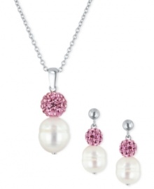 Beautiful in pink. This necklace and earrings set is crafted in sterling silver with cultured freshwater pearls (9-11 mm) and crystals coming together for a captivating look. Approximate length: 18 inches. Approximate drop: 7/8 inch. Approximate drop, earrings: 3/4 inch.