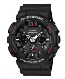 Bold and enigmatic in design, a masculine sport watch from G-Shock. Crafted of black resin strap and round case. Black analog digital shock-resistant dial features logo, world time, multifunction alarm, countdown timer, stopwatch, 12/24 hour formats, mute, auto LED light, hour and minute hands and stick indices. Quartz movement. Water resistant to 200 meters. One-year limited warranty. Bold and enigmatic in design, a masculine sport watch from G-Shock. Crafted of black resin strap and round case. Black analog digital shock-resistant dial features logo, world time, multifunction alarm, countdown timer, stopwatch, 12/24 hour formats, mute, auto LED light, hour and minute hands and stick indices. Quartz movement. Water resistant to 200 meters. One-year limited warranty.