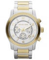 Brushed and polished steel gets a golden touch on this Runway watch by Michael Kors.