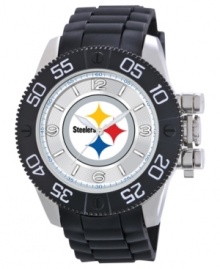 Show love for the Steel City! Root for your team 24/7 with this sporty watch from Game Time. Features a Pittsburgh Steelers logo at the dial. Show love for the Steel City! Root for your team 24/7 with this sporty watch from Game Time. Features a Pittsburgh Steelers logo at the dial.