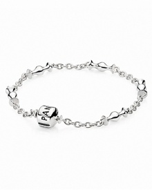 PANDORA's perfectly balanced sterling silver chain bracelet accommodates up to five of your favorite clips. PANDORA's perfectly balanced sterling silver chain bracelet accommodates up to five of your favorite clips.