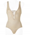 Channel an Amazonian goddess in this ultra-luxe swimsuit from La Perla - Deep V-neck with lace-up front, whipstitch details on straps and back, lace-up back with cut out details - Pair with a sheer caftan, a sunhat, and wedge heels