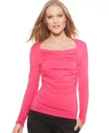 Take the traditional knit up a notch with this ruched knit top from T Tahari. Take the traditional knit up a notch with this ruched knit top from T Tahari.