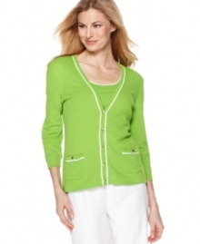 The spring-ready cardigan gets a tailored touch with piping and goldtone buttons, from Jones New York Signature. The spring-ready cardigan gets a tailored touch with piping and goldtone buttons, from Jones New York Signature.