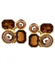 With a four-corner silhouette, these earrings from Anne Klein add a spark to your look with plastic pearl and stone details. Clip-on backing for non-pierced ears. Crafted in gold tone mixed metal. Approximate diameter: 1 inch. With a four-corner silhouette, these earrings from Anne Klein add a spark to your look with plastic pearl and stone details. Clip-on backing for non-pierced ears. Crafted in gold tone mixed metal. Approximate diameter: 1 inch.