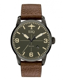 A vintage take on a classic look: an aviation-inspired timepiece from ESQ by Movado. Crafted of dark brown distressed leather strap and round gray PVD-finished stainless steel case. Black aviation-inspired dial with applied stick indices, numerals at three, six and nine o'clock, date window at four o'clock, three hands and plane logo at twelve o'clock. Swiss quartz movement. Water resistant to 50 meters. Two-year limited warranty. A vintage take on a classic look: an aviation-inspired timepiece from ESQ by Movado. Crafted of dark brown distressed leather strap and round gray PVD-finished stainless steel case. Black aviation-inspired dial with applied stick indices, numerals at three, six and nine o'clock, date window at four o'clock, three hands and plane logo at twelve o'clock. Swiss quartz movement. Water resistant to 50 meters. Two-year limited warranty.