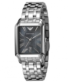 This Emporio Armani watch exhibits a timeless style reminiscent of Roman architecture. Stainless steel bracelet and rectangular case. Black mother-of-pearl textured dial with silver tone Roman numerals, logo and date window. Quartz movement. Water resistant to to 50 meters. Two-year limited warranty. This Emporio Armani watch exhibits a timeless style reminiscent of Roman architecture. Stainless steel bracelet and rectangular case. Black mother-of-pearl textured dial with silver tone Roman numerals, logo and date window. Quartz movement. Water resistant to to 50 meters. Two-year limited warranty.
