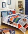 Go for the win! This Blue Leader comforter set offers major league style with a sports-themed design, featuring basketball, baseball, football and soccer for the all-star kid in your family. Finish the look with the coordinating decorative pillow pack.