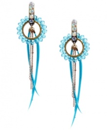 A flair for the exotic. Vibrant blue feathers and chain details put the flirt back into fashion. Betsey Johnson earrings are crafted in gold tone mixed metal with crystal accents and turquoise beading. Approximate length: 4-1/4 inches. Approximate diameter: 1-1/4 inches. A flair for the exotic. Vibrant blue feathers and chain details put the flirt back into fashion. Betsey Johnson earrings are crafted in gold tone mixed metal with crystal accents and turquoise beading. Approximate length: 4-1/4 inches. Approximate diameter: 1-1/4 inches.