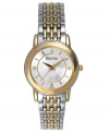 Timeless style that brightens every look, by Bulova. This watch features a goldtone & silvertone stainless steel bracelet and round case. Goldtone bezel. Textured silvertone dial with goldtone stick indices and logo. Quartz movement. Water resistant to 30 meters. Three-year warranty.