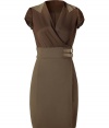 Luxurious dress in fine olive stretch viscose - Feminine silhouette, especially nice quality - The cut is stunningly slim with wrap draping and cap sleeves - Figure-flattering accentuated waist with two leather buckles - Slim pencil skirt in a classic mid thigh length - A hit for the office, a knockout for evening, as its sexy AND serious, stylish AND elegant - Wear with booties, pumps, sandals