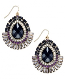 Bold colors captivate on Bar III's drop earrings. The oval design gets an edgy upgrade with acrylic stones in jet, clear and purple hues. Crafted in gold tone mixed metal. Approximate drop: 3 inches. Bold colors captivate on Bar III's drop earrings. The oval design gets an edgy upgrade with acrylic stones in jet, clear and purple hues. Crafted in gold tone mixed metal. Approximate drop: 3 inches.